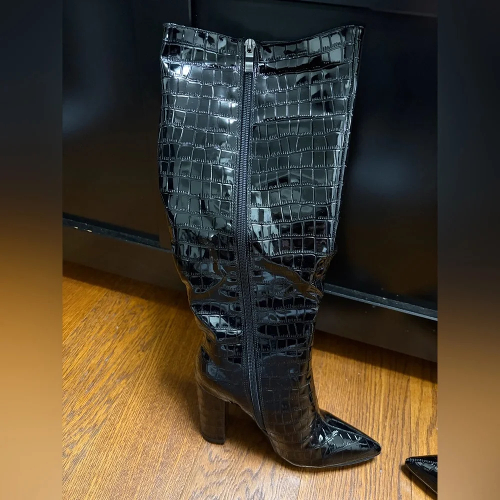 Patent Croc-Embossed Pointed Toe Knee Boots - 
Black size 37 - Picture 3 of 4